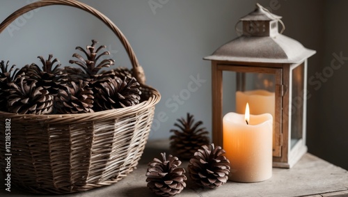 Basket with pine cones and candle lantern on table. photo