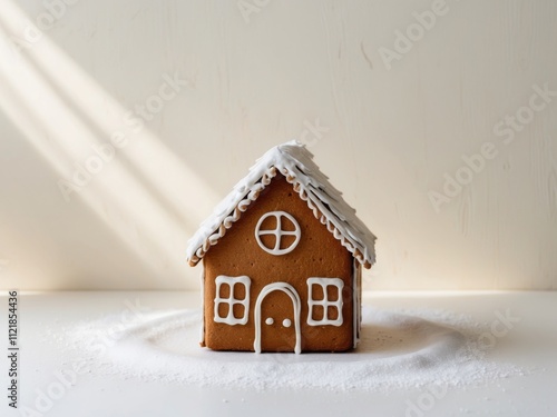 A gingerbread house with a white roof and brown trim. photo