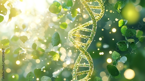 Ultra-detailed hyper-realistic shot of DNA strands intertwined with nature-inspired elements, isolated on a neutral gradient background inside the studio for stunning clarity photo