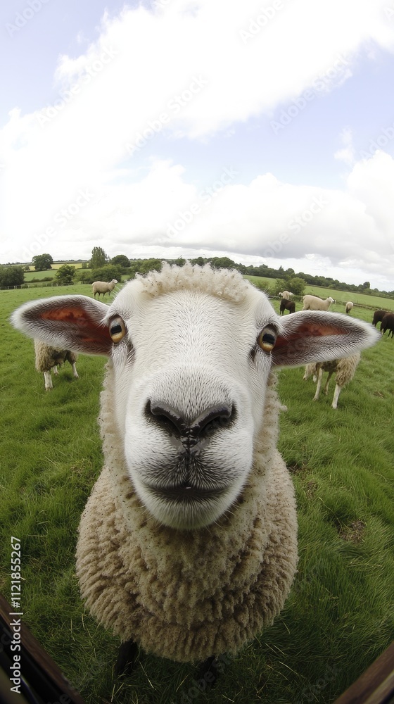 Obraz premium A fluffy baby lamb looks at the viewer with its big eyes and lovely ears. Other animals graze peacefully in the green pastures under a bright blue sky on a summer day