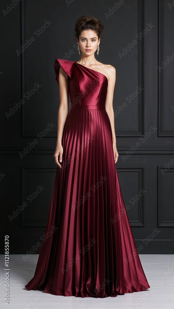 Floor length satin dress elegant one shoulder design with a dramatic pleated skirt black background Floor length satin dress elegant one shoulder design with a dramatic pleated skirt black background