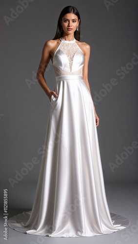 Floor length satin dress halter neck with lace paneling and satin finish white background 