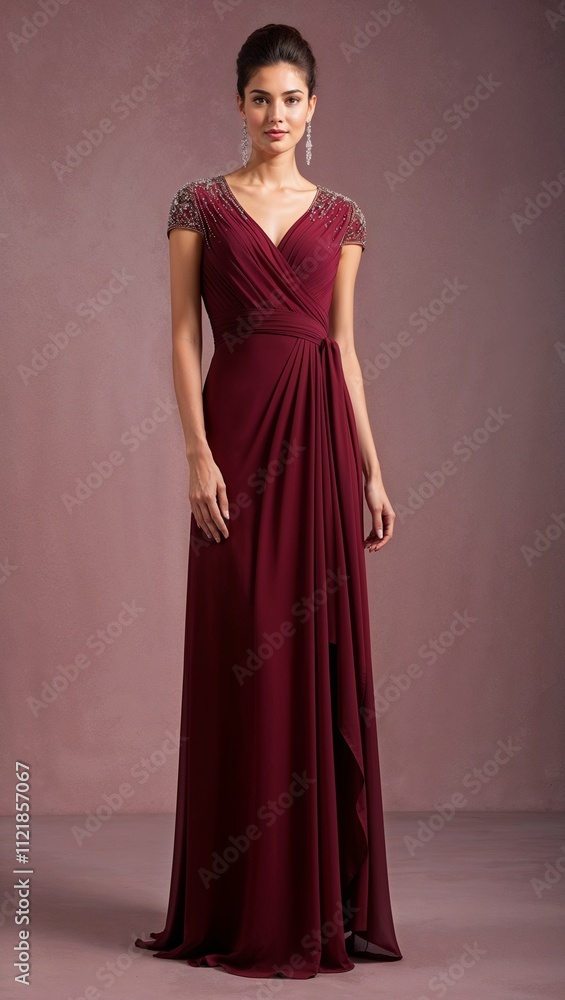 Full length chiffon gown wrap around style with beadwork on the shoulders burgundy background Full length chiffon gown wrap around style with beadwork on the shoulders burgundy background