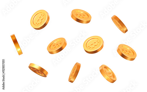 3d flying gold Bitcoins on white isolated background. Cryptocurrency, electronic payments and blockchain. Precious expensive treasure. Stock vector illustration.	