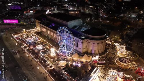 Aerial drone view of Christmas Market at night in Liverpool, England