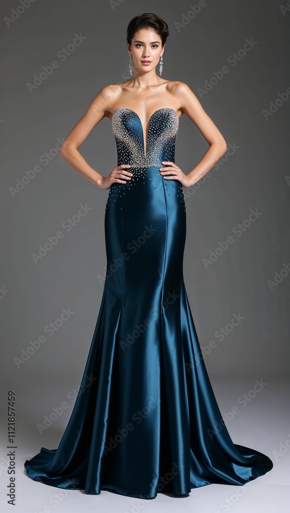 Full length satin gown fitted bodice with crystal embellishments black background Full length satin gown fitted bodice with crystal embellishments black background