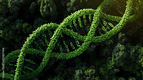 Digital DNA helix overlaid on a verdant rainforest, highlighting techenvironment links, Life  DNA  Environment, bioinformatics photo