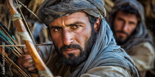 Nomadic hunters equip their handmade bows and arrows, focused and ready for a hunt amidst a harsh wilderness photo