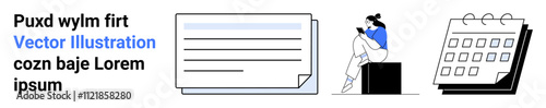 Text block, note document, person sitting and reading on tablet, calendar. Ideal for productivity tools, time management, scheduling, planning organizing digital devices learning. Landing page