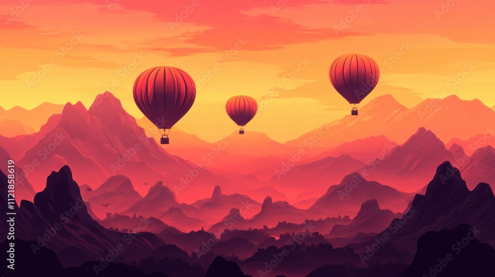 Fototapeta premium A flat vector illustration of colorful hot air balloons floating over mountains.