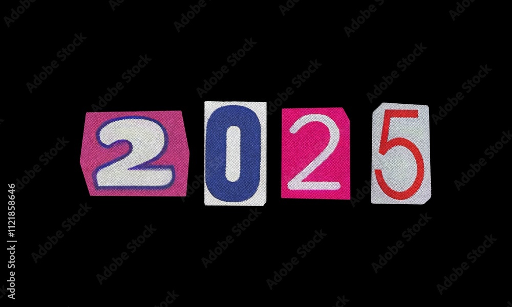 Text with 2025 new year, black background, y2k retro Ransom style, cut-out numbers from magazines Text with 2025 new year, black background, y2k retro Ransom style, cut-out numbers from magazines