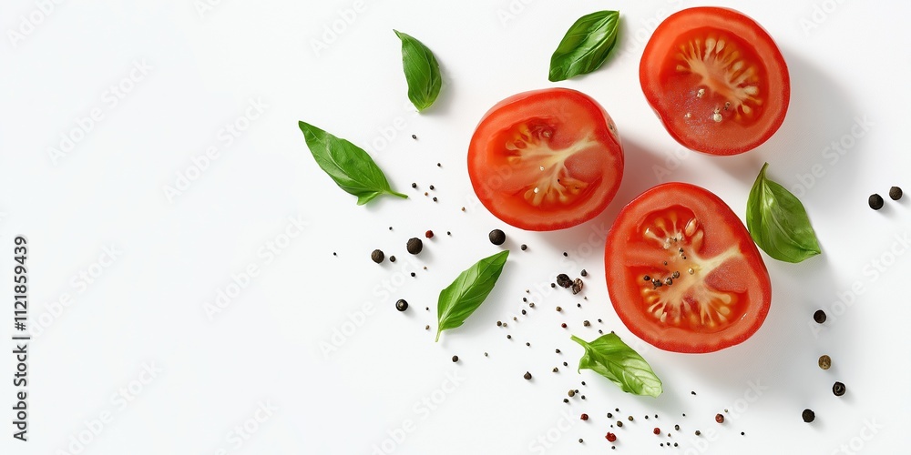 Three tomato slices with basil and pepper on a white background. Concept of freshness and healthiness, as the bright red tomatoes and green basil create a vibrant and appetizing scene Three tomato slices with basil and pepper on a white background. Concept of freshness and healthiness, as the bright red tomatoes and green basil create a vibrant and appetizing scene