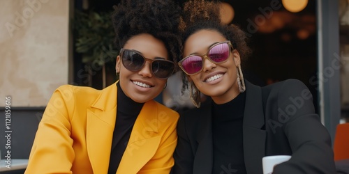 Two women wearing sunglasses and smiling at the camera. One of them is wearing a yellow jacket. They are sitting at a table with a cup in front of them