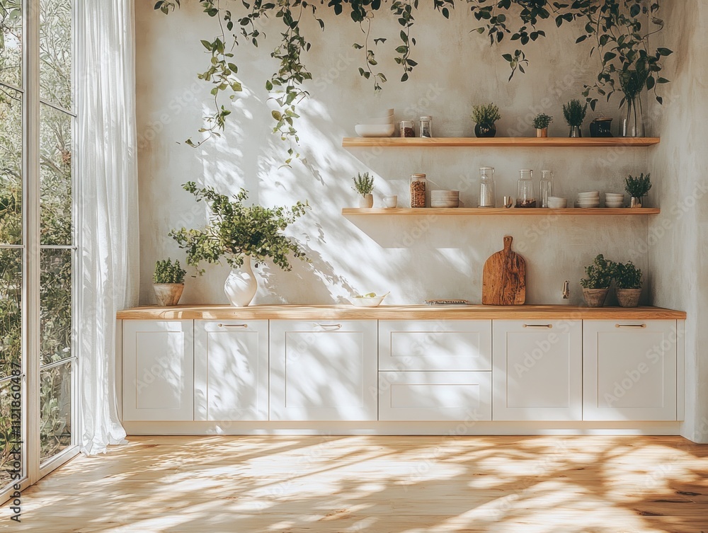 Modern kitchen with natural lighting, green plants, and minimalist decor, AI generated Modern kitchen with natural lighting, green plants, and minimalist decor, AI generated