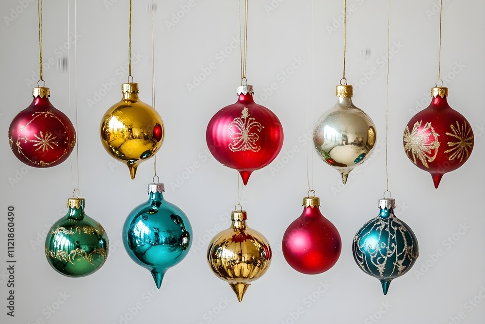 Obraz premium Different colourful vintage ornaments for Christmas tree, plain background