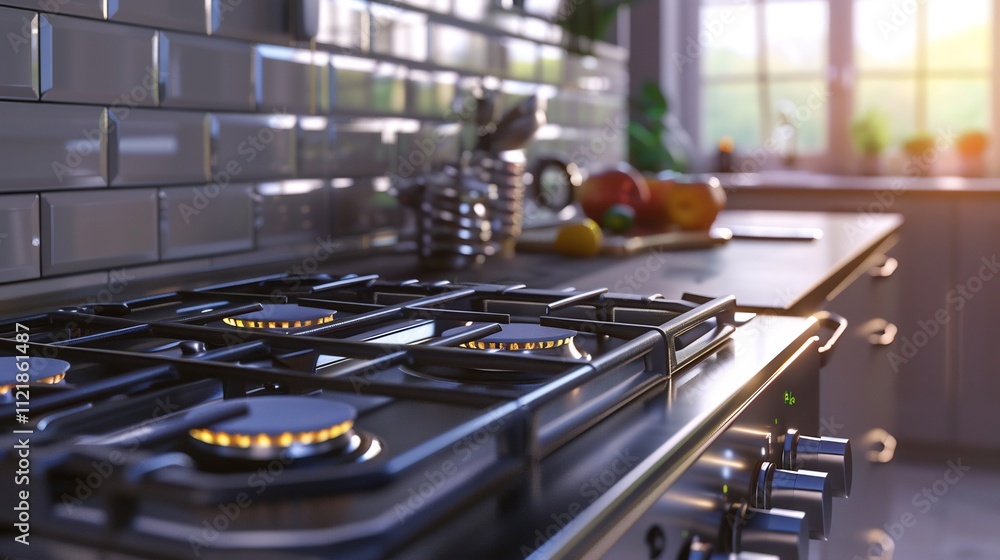 Modern Kitchen Gas Stovetop with Sunlit Background Modern Kitchen Gas Stovetop with Sunlit Background