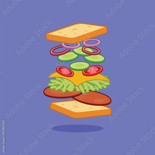 A colorful vector illustration of a deconstructed sandwich with floating ingredients including bread, lettuce, tomato, cheese, cucumber, onion, and salami on a purple background.