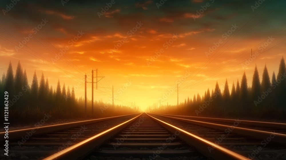 Fototapeta premium A serene landscape featuring railway tracks leading into the horizon at sunset, surrounded by trees, Ideal for travel, transportation themes, or conveying a sense of adventure and exploration,