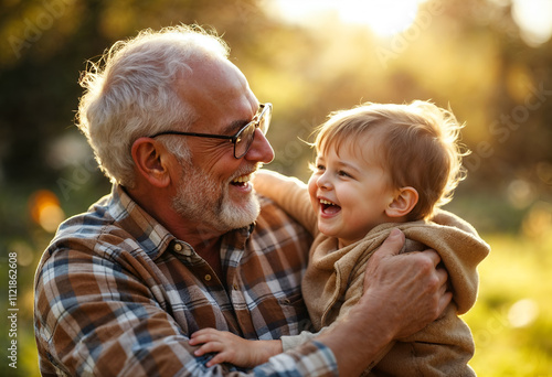 Joyful moment between grandfather and grandson in a sunlit park, capturing the essence of family love during an autumn afternoon