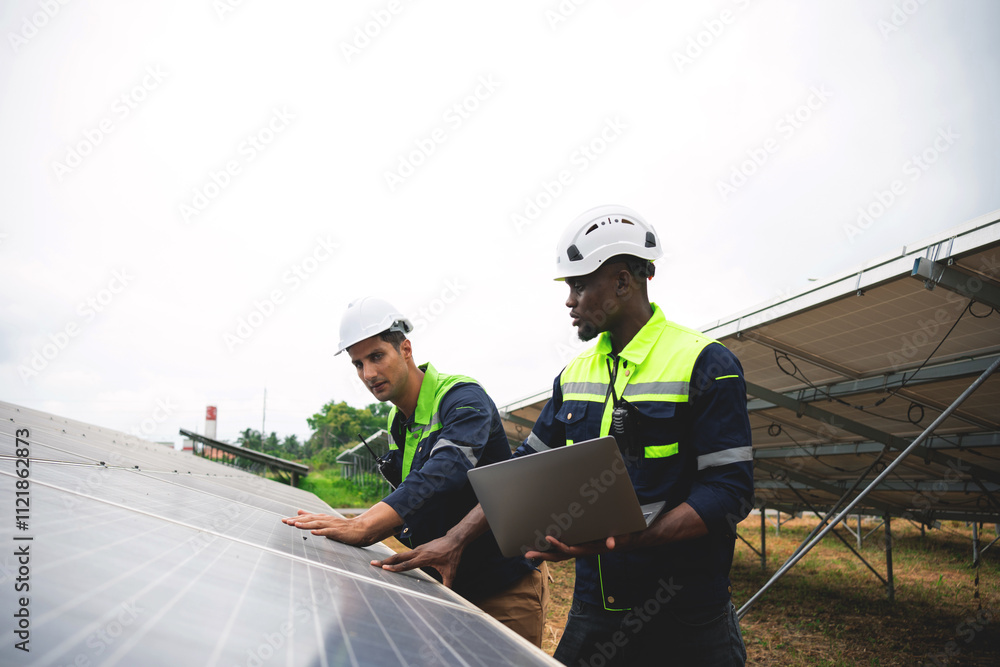 Two men are working on a solar panel, one of them holding a laptop. Concept of teamwork and collaboration as they work together to install the solar panel Two men are working on a solar panel, one of them holding a laptop. Concept of teamwork and collaboration as they work together to install the solar panel