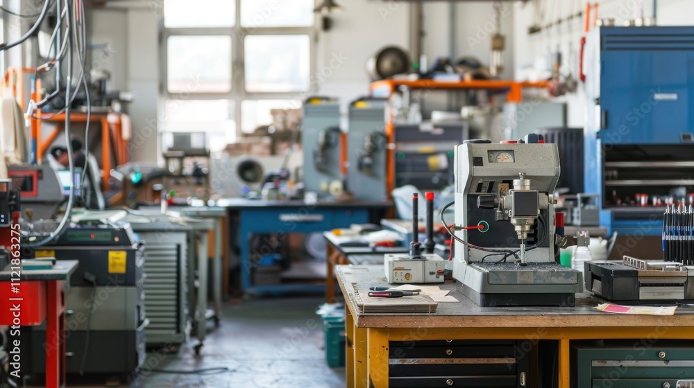 Naklejka premium A repair shop specializing in office equipment, with various machines and tools visible