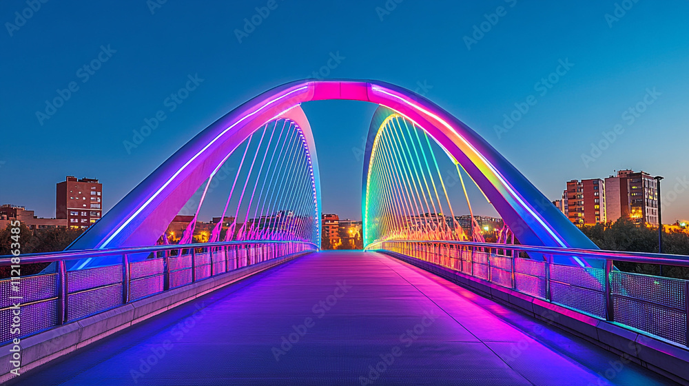 Obraz premium Illuminated Modern Bridge at Dusk Cityscape Rainbow Lights Urban Architecture
