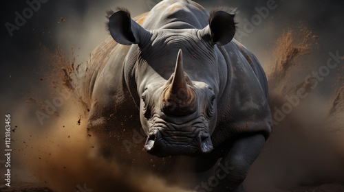 A strong rhino charges through a cloud of dust, an epic display of power and wilderness.