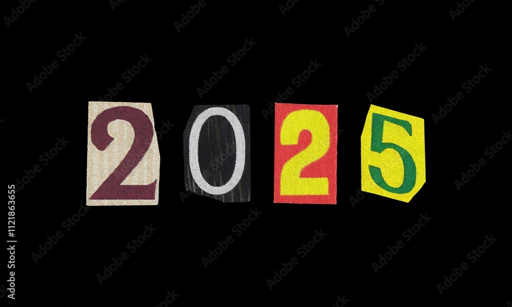 Text with 2025 new year, black background, y2k retro Ransom style, cut-out numbers from magazines Text with 2025 new year, black background, y2k retro Ransom style, cut-out numbers from magazines