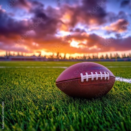 A close-up of an American football resting on a vibrant green field at sunset, symbolizing the joy of the game.