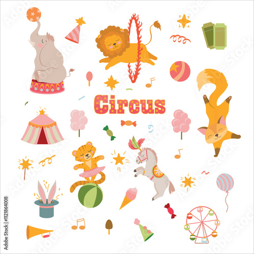 Circus. Circus animals actors. Mobile Fair. Holiday. Performance. Tricks. Attributes of a circus show. Decorations for the holiday. Vector illustration