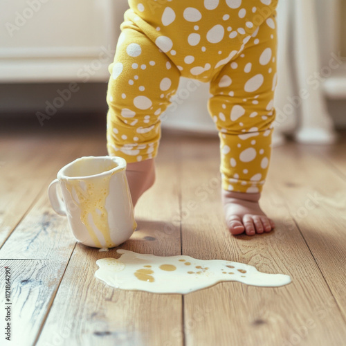 Anonymous toddler stands next to mistakenly spilled milk on wood floor at home, banner/web/media/blog/post photo