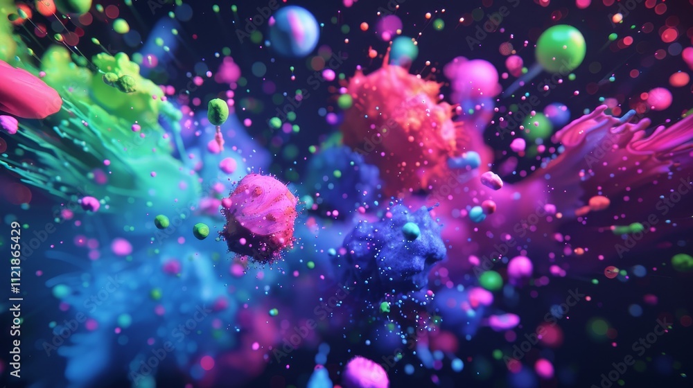 Suspended neon paint splashes a vivid display of electric colors in dynamic motion against darkness Suspended neon paint splashes a vivid display of electric colors in dynamic motion against darkness