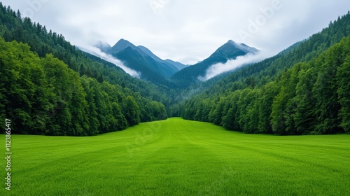 A serene landscape showcasing lush green fields surrounded by towering mountains and misty clouds, creating a tranquil natural setting.