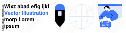 Pen, globe, and person with cash back icon black, white, and blue color scheme. Ideal for business, finance, education, technology, web design, marketing, startup Landing page photo