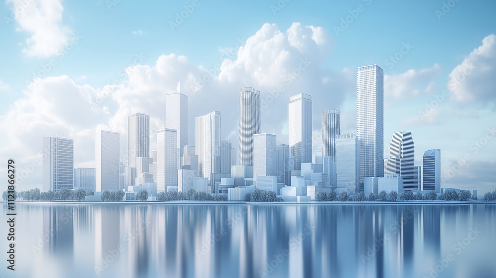 Fototapeta premium modern city skyline featuring high rise buildings and reflective water. scene captures serene atmosphere with soft clouds and clear blue sky, showcasing urban architecture