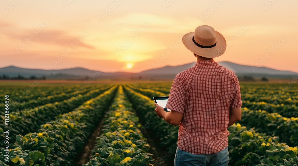 Farmer analyzing crop data at sunset in scenic field rural landscape natural environment Farmer analyzing crop data at sunset in scenic field rural landscape natural environment