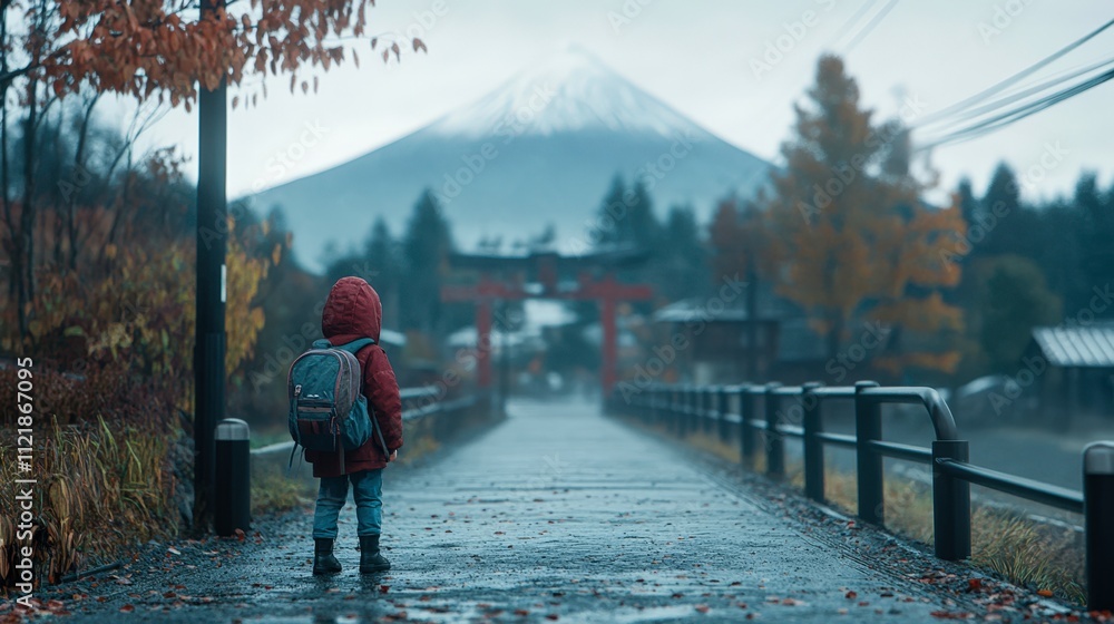 A child in a red coat stands on a rainy path, gazing at a distant mountain and a traditional torii gate, embodying curiosity and exploration, Ideal for themes of childhood, adventure, and travel, A child in a red coat stands on a rainy path, gazing at a distant mountain and a traditional torii gate, embodying curiosity and exploration, Ideal for themes of childhood, adventure, and travel,