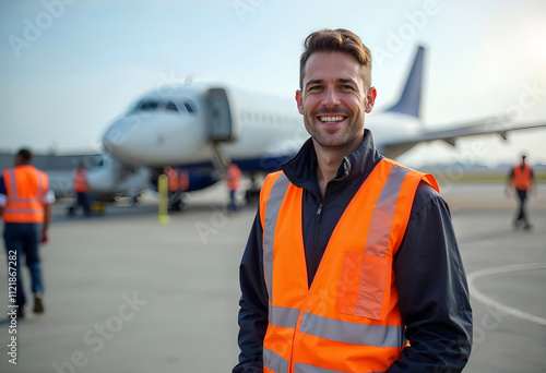 Male airport staff member in an orange safety vest smiles confidently while preparing for an aircraft departure at a busy airport photo