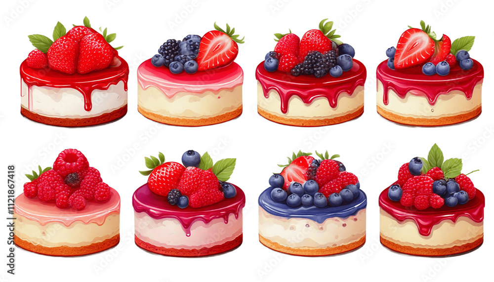 A set of strawberry, blueberry, cranberry cheesecakes, isolated on white background. A set of strawberry, blueberry, cranberry cheesecakes, isolated on white background.