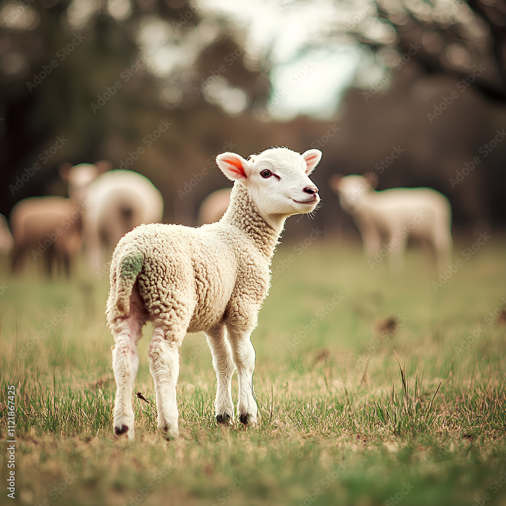 Obraz premium White sheep in the field in front of other animals