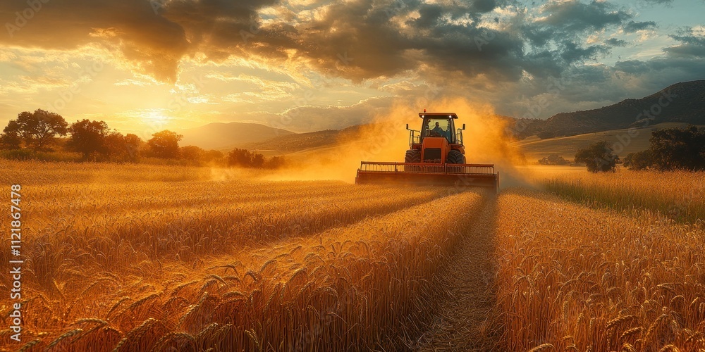 Fototapeta premium Combine Harvester Working a Wheat Field at Sunset