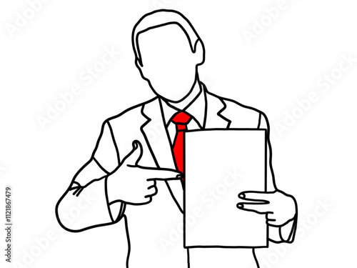 A man in a business suit points to a piece of paper. Drawn by hand.
