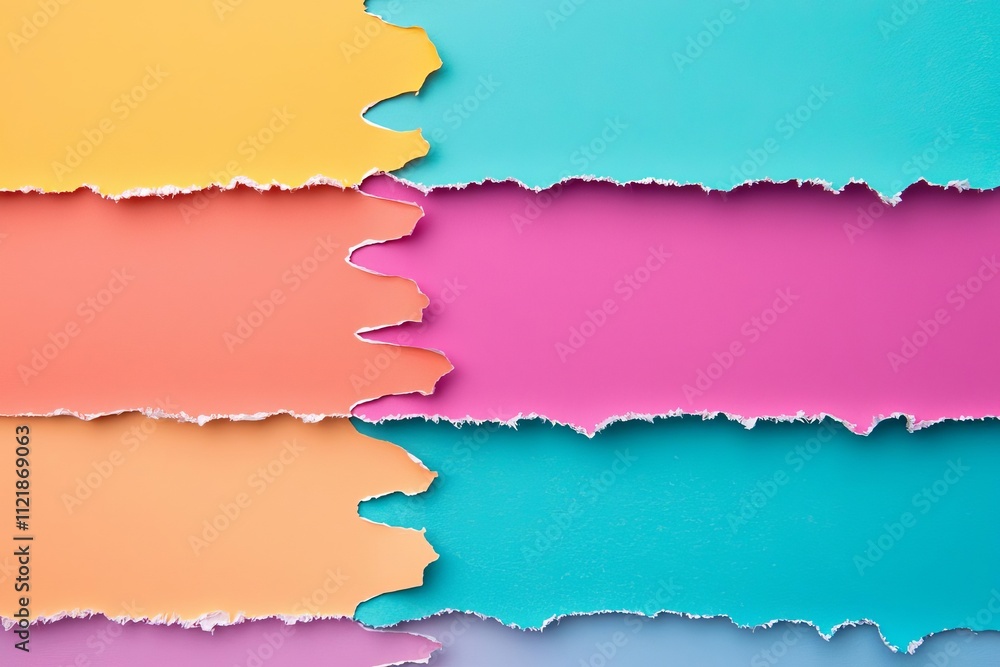 Fototapeta premium Vibrant torn paper strips in various colors creating a textured background for design.