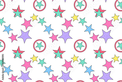 A seamless pattern featuring colorful stars and stars within circles on a white background, ideal for festive designs.