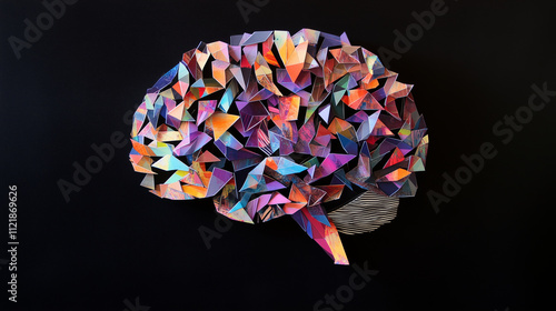 A brain-shaped mosaic of colorful polygons, with overlapping layers that evoke the complexity of neurological pathways in dyspraxia photo