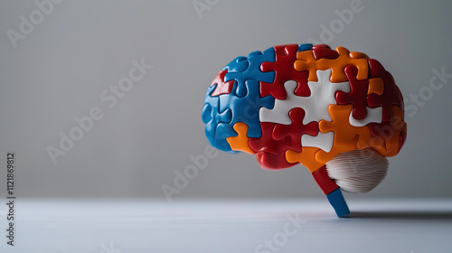 A 3D brain model composed of colorful interlocking puzzle pieces, with certain pieces highlighted to show the intricate challenges of dyspraxia photo