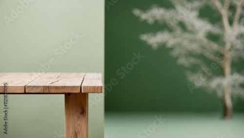Wallpaper Mural A wooden table with a green background and a blurry view of trees. Torontodigital.ca
