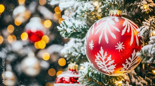 Close-up of a glittering, colorful Christmas bauble ornament hanging on a tree, set against a vibrant background creating a joyful, vibrant holiday atmosphere with a touch of festive charm photo