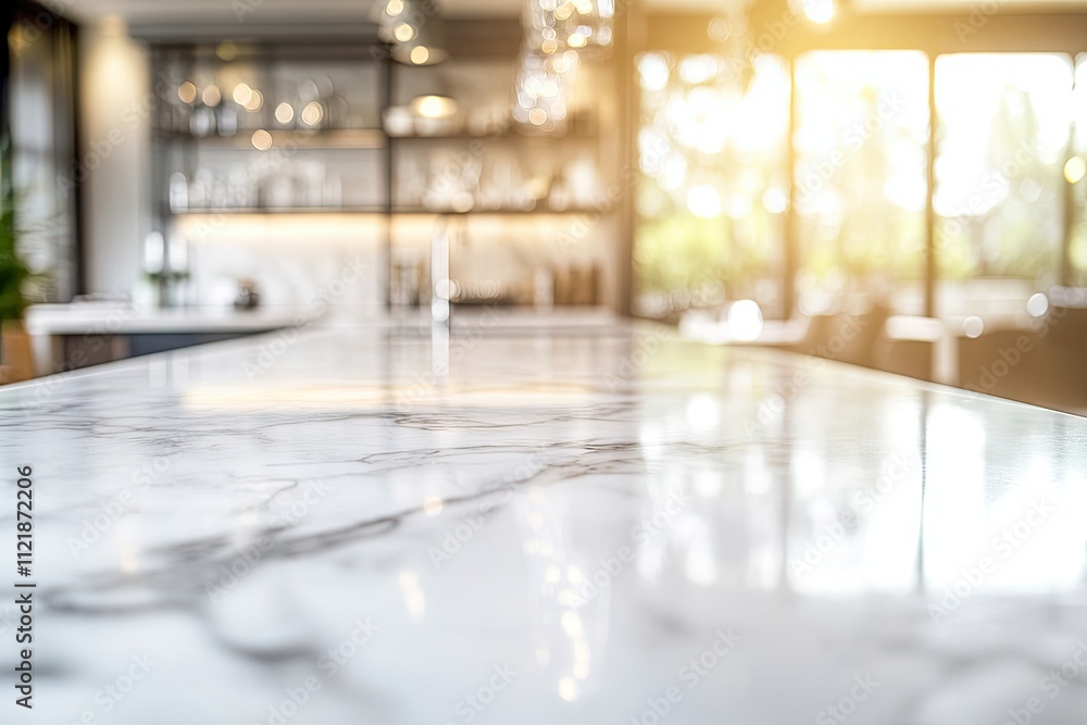 A marble countertop with blurred of a bright, modern kitchen, the soft focus on the interior background highlights, ideal for showcasing kitchen-related products. A marble countertop with blurred of a bright, modern kitchen, the soft focus on the interior background highlights, ideal for showcasing kitchen-related products.