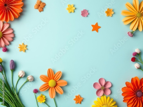 Orange paper flowers arranged on an orange background creating a frame with empty space in the middle, vibrant colors, crafts, decoration photo